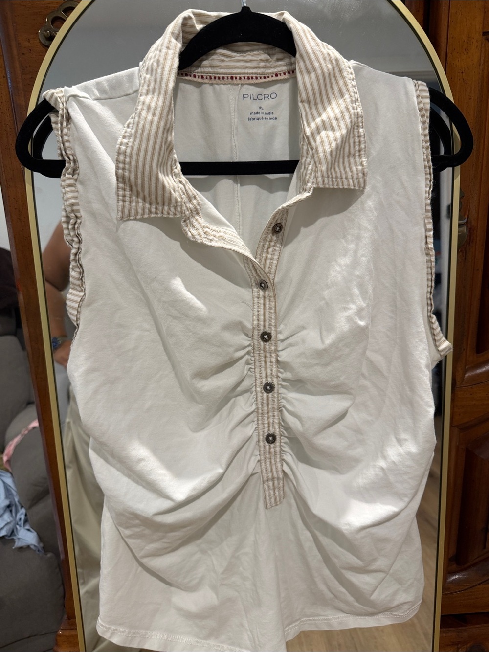 Pilcro Cream Sleeveless Ruched Collared Tank with Tan Stripe Trim
